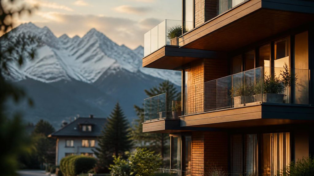 HOMETOME24 — Zwitsers platform voor vastgoed, verhuizen en woondiensten: moderne woning voor de Zwitserse Alpen in de schemering